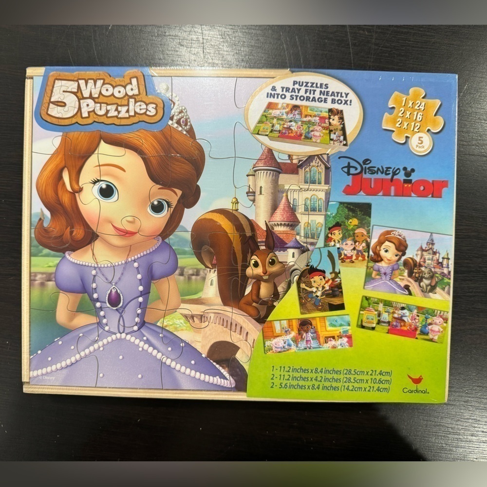 Disney Junior 5 Wood Puzzles in Different Sizes All Fit in Storage Box NWT